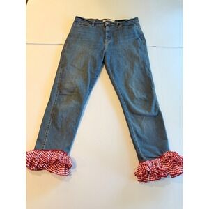 Levi Strauss Signature Mid-Rise Boyfriend Jeans Gingham Ruffle Hem Blue Size 8